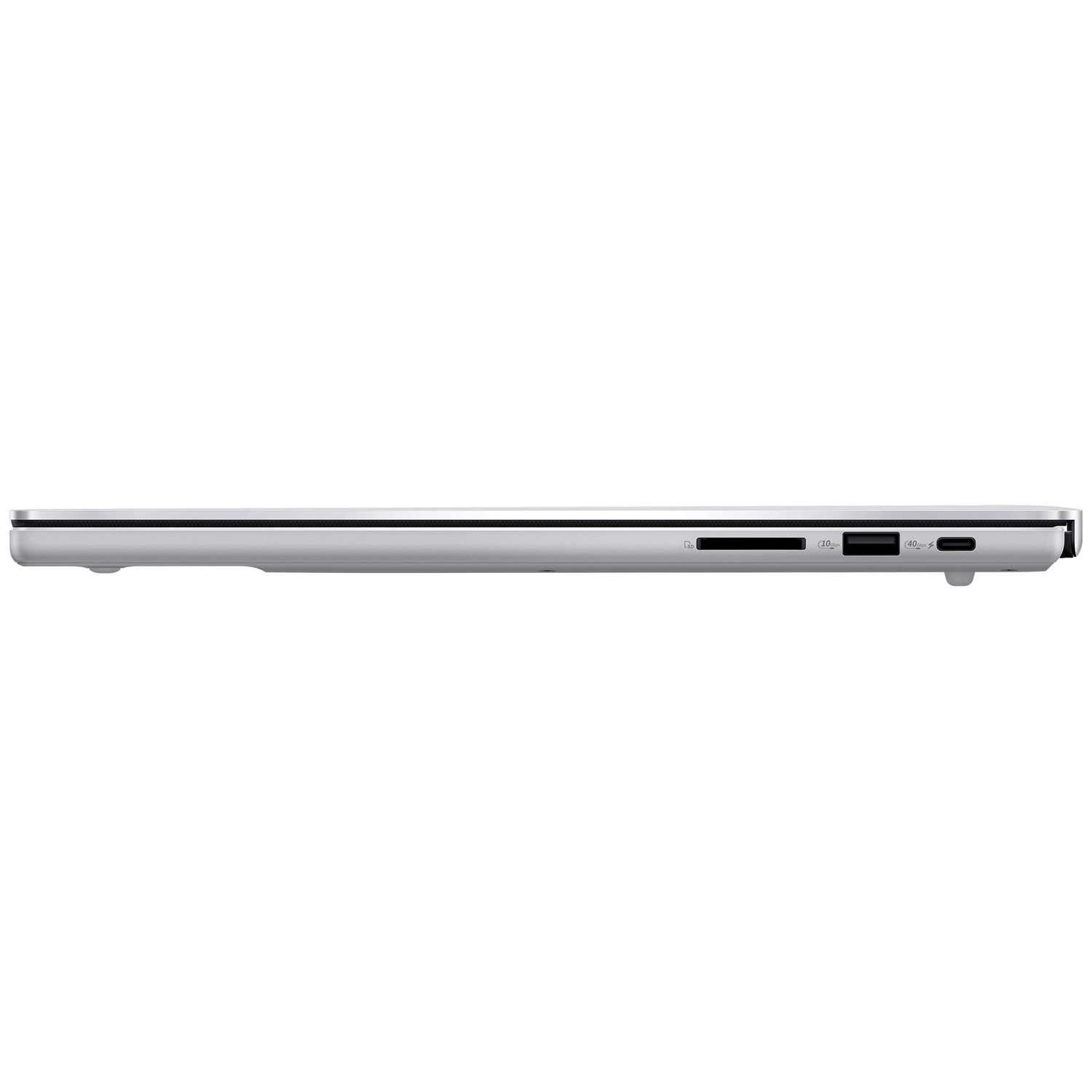 Side view of a silver laptop showing an SD card reader, a USB port, and a USB-C port.