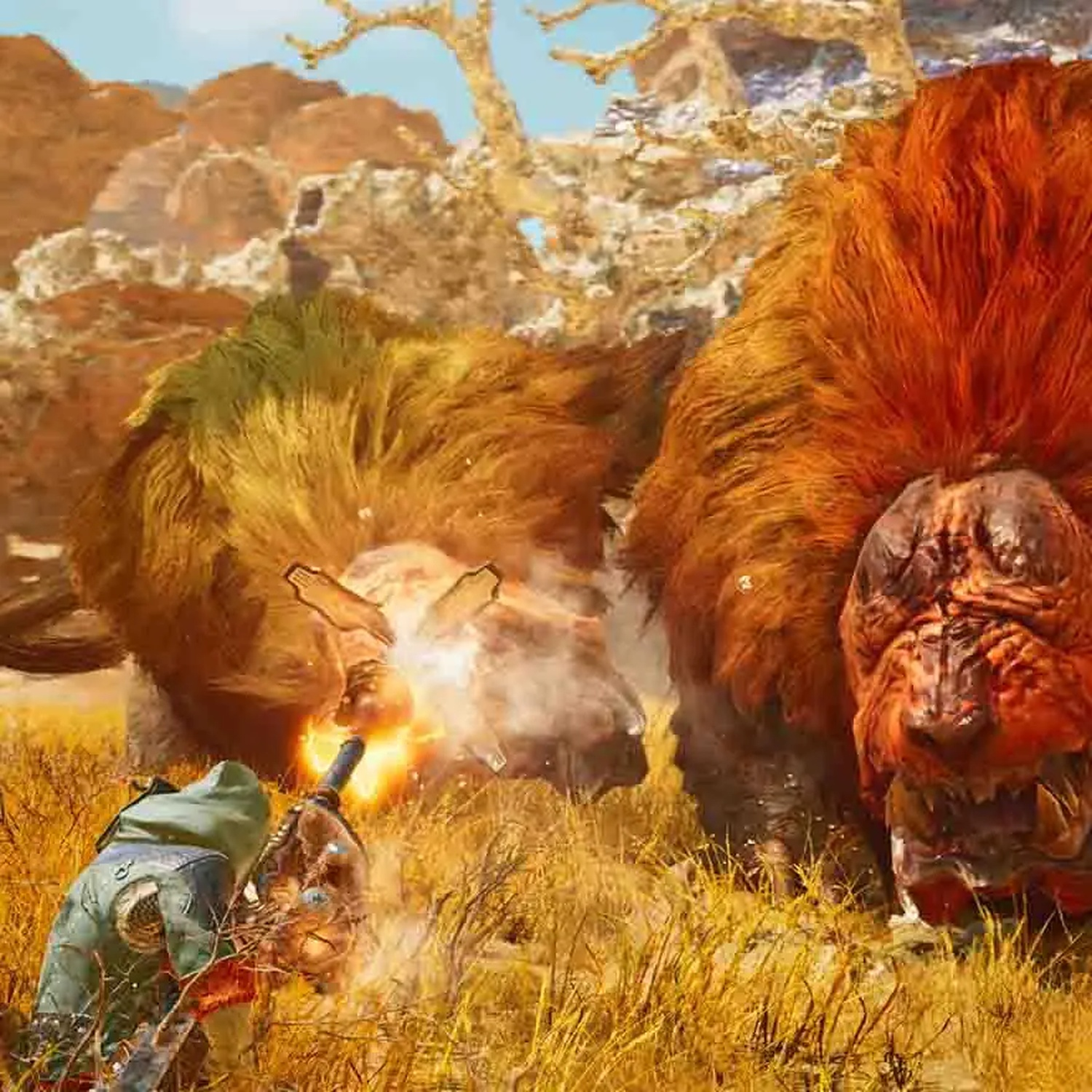 A hunter aims a weapon at large hairy creatures in a grassy landscape.