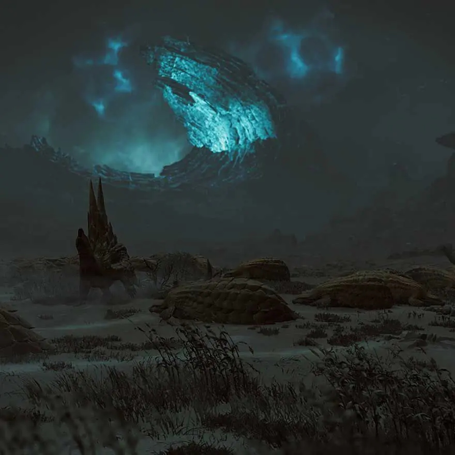 A gloomy landscape with large creatures and a huge, glowing blue rock formation in the sky.