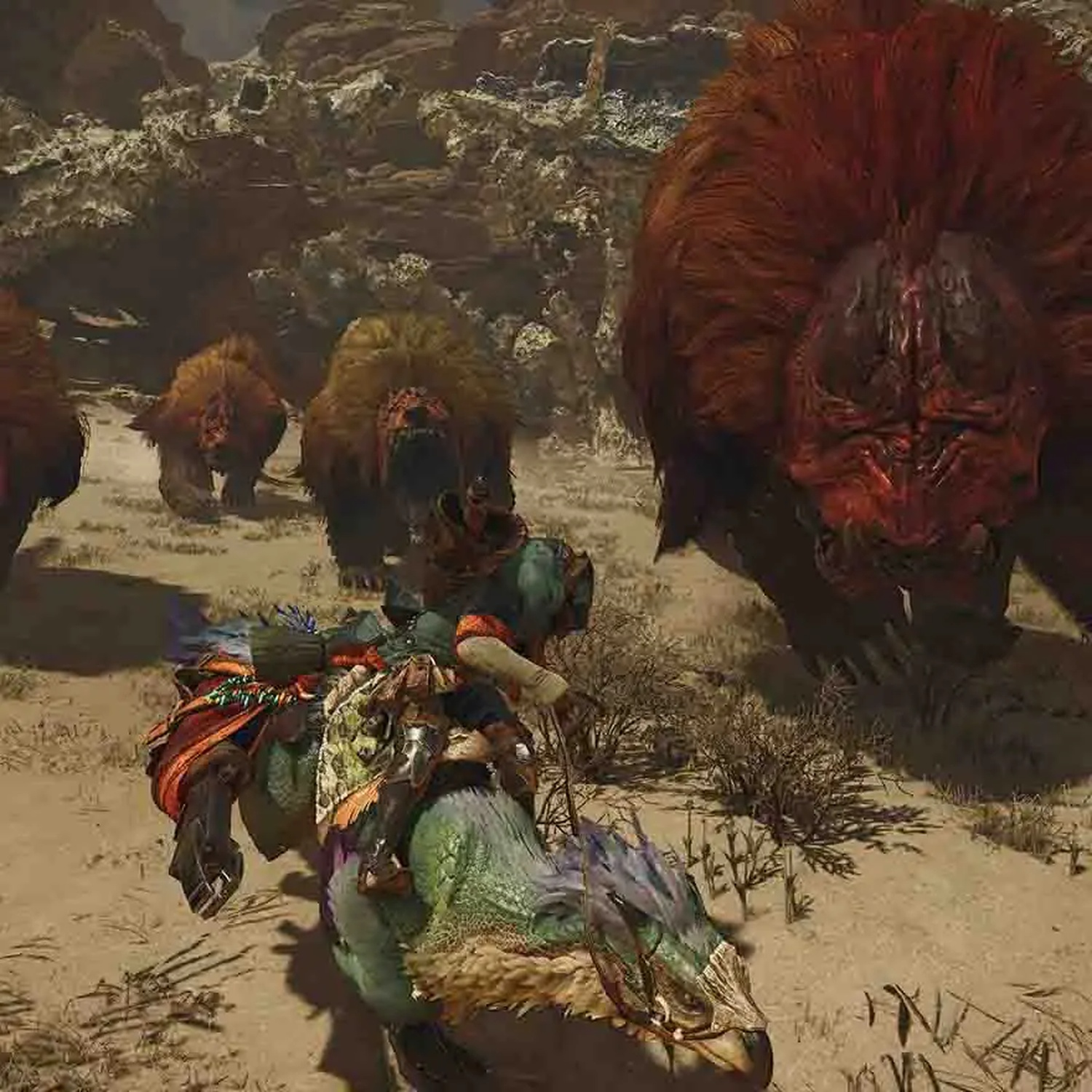 A rider on a green mount flees from large, red, furry creatures in a desert landscape.