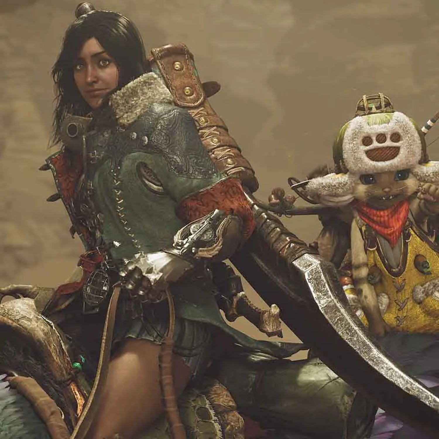 A female hunter with dark hair in a green jacket holding a large sword, accompanied by a small feline companion.