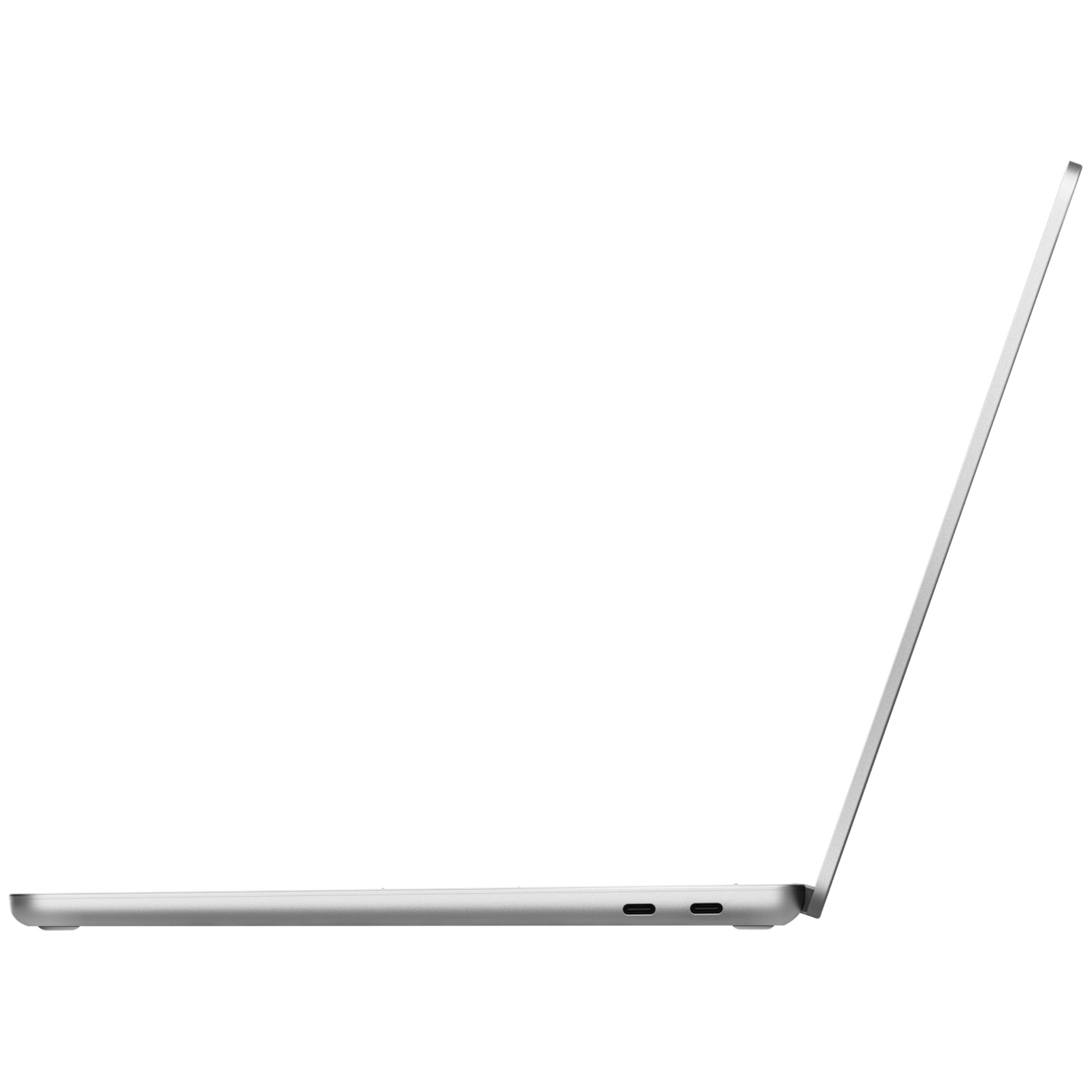 Zijaanzicht van een zilveren laptop met twee USB-C-poorten.
