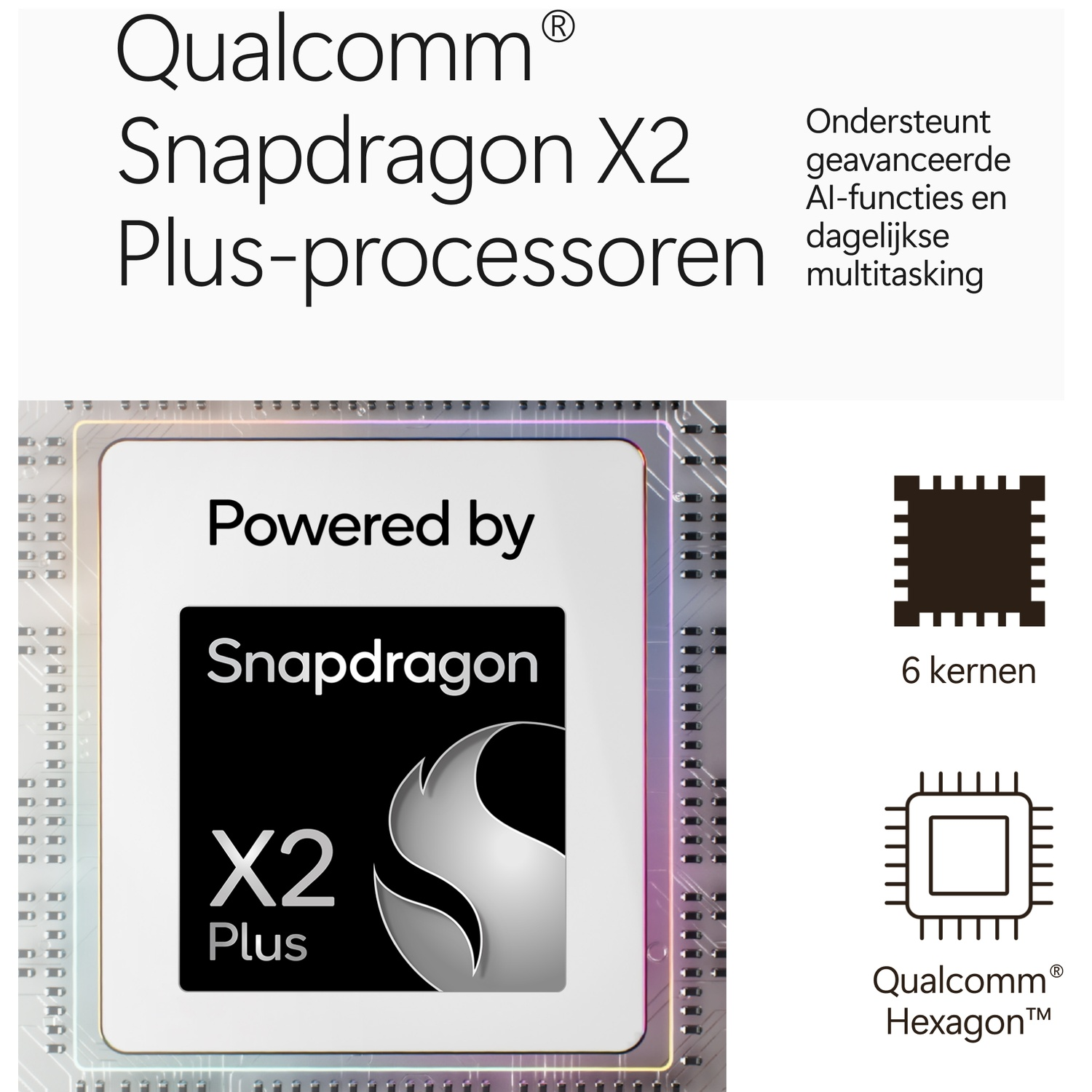 Advertentie voor Qualcomm Snapdragon X2 Plus processor met 6 cores en AI-functies.