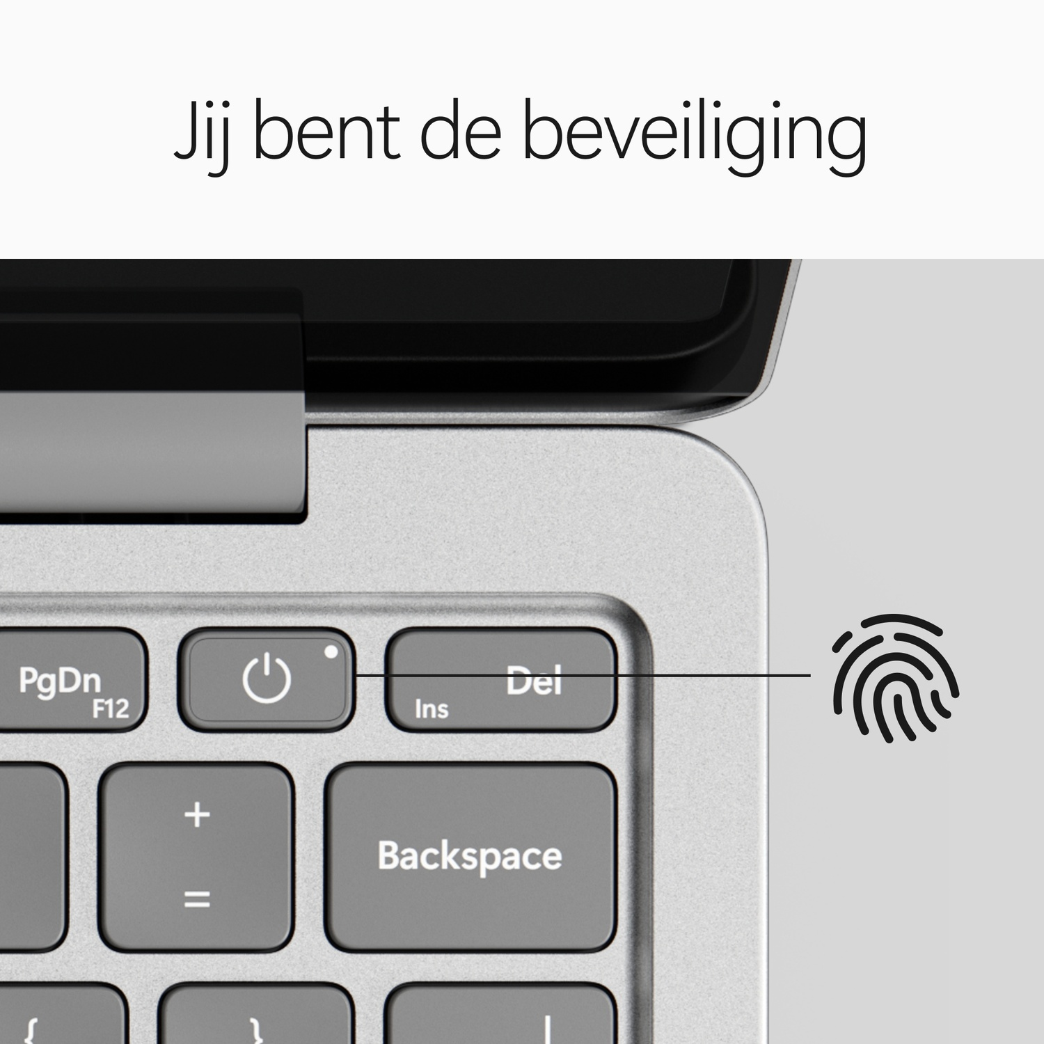 Laptoptoetsenbord met de aan/uit-knop met vingerafdrukicoon en Nederlandse tekst erboven.