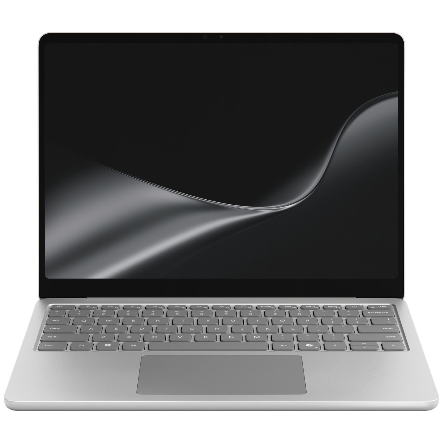 Vooraanzicht van een zilveren laptop met een QWERTY-toetsenbord en zwart scherm met golfontwerp.