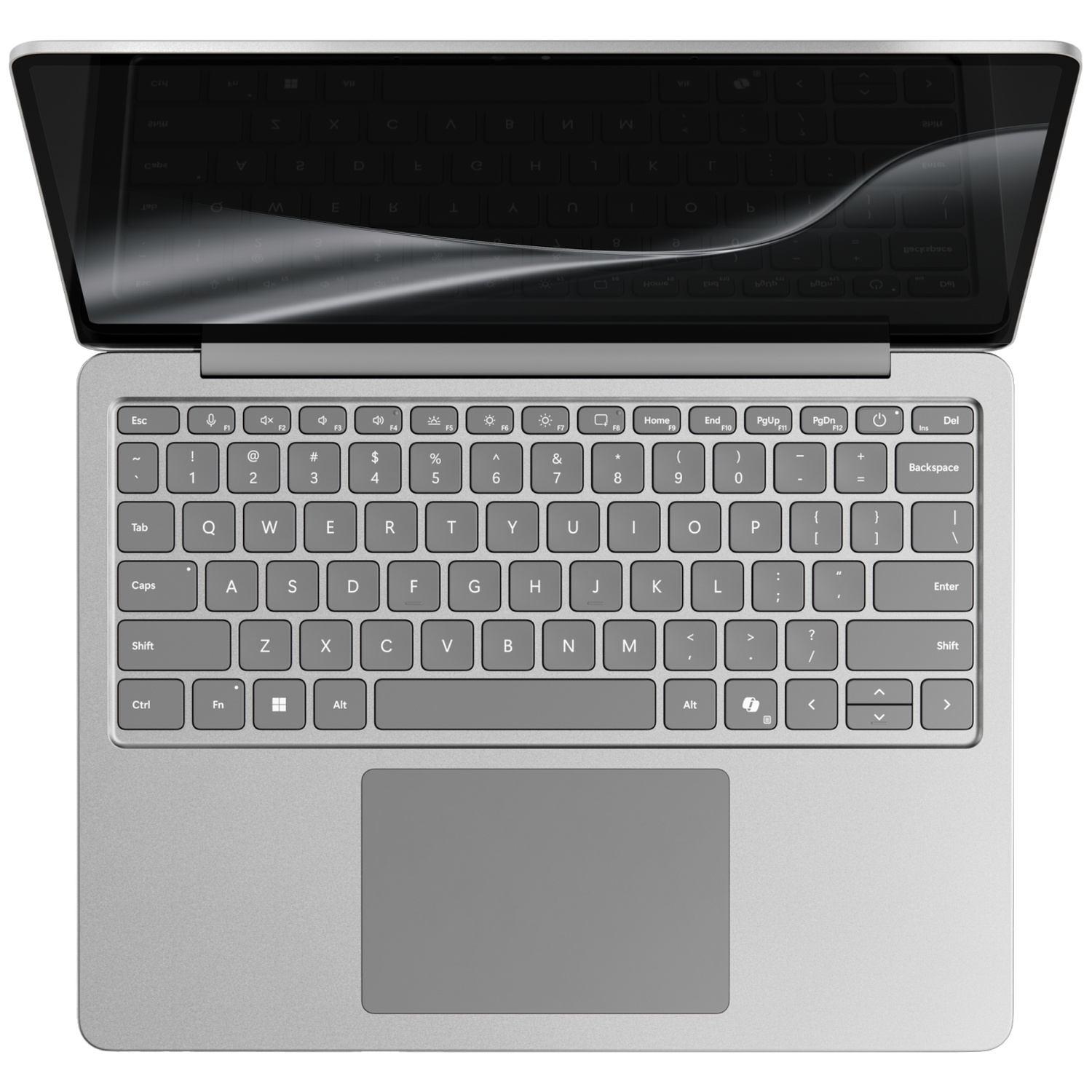 Bovenaanzicht van een open zilveren laptop. Een schermprotector reflecteert het toetsenbord.