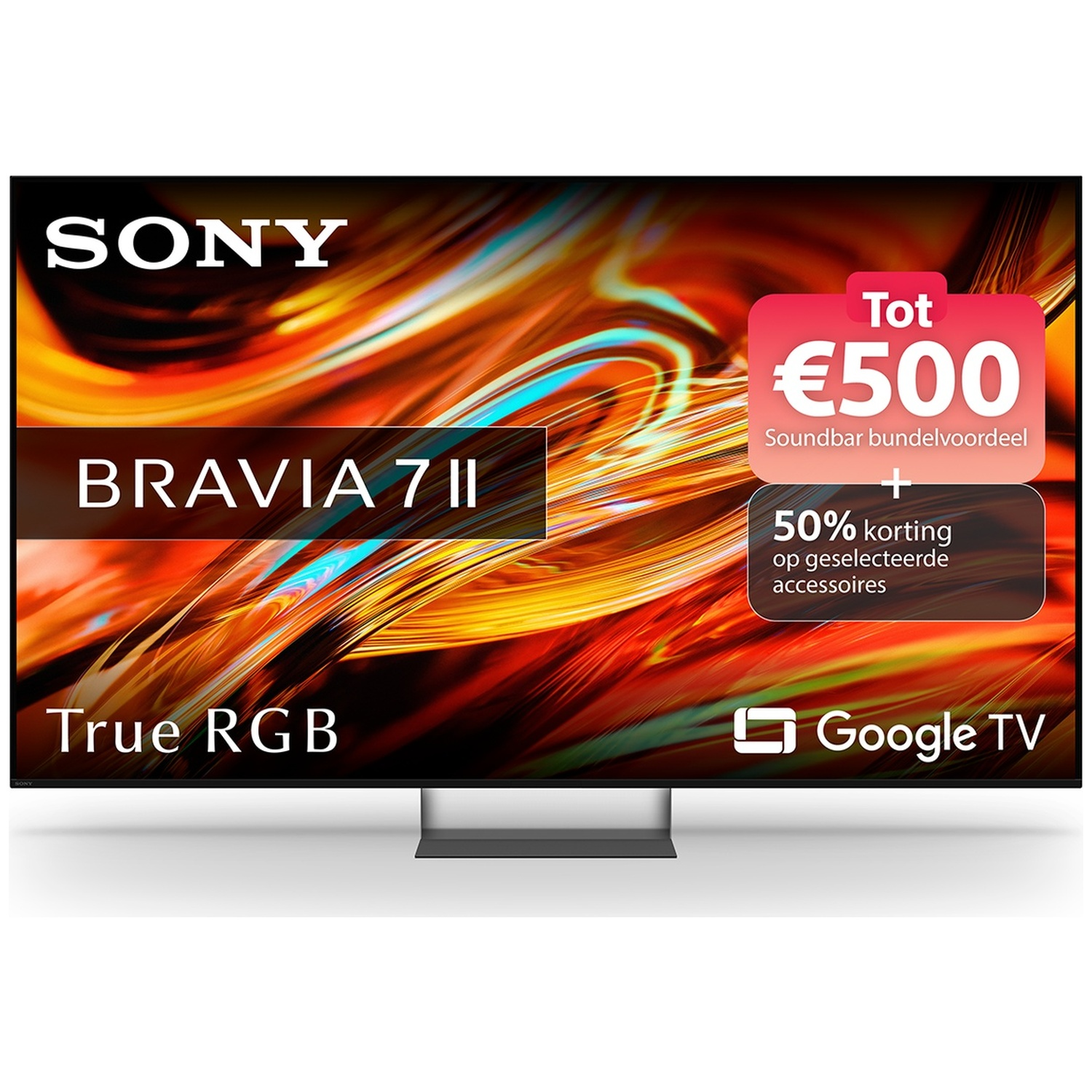 Téléviseur Sony Bravia 7 II avec écran coloré et superpositions promotionnelles.