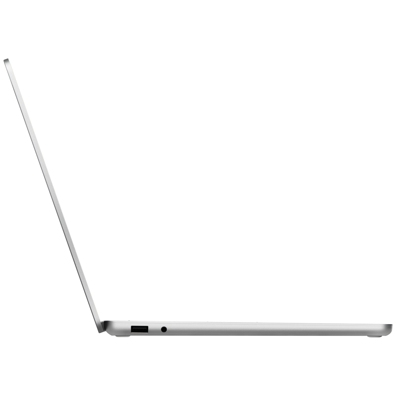 Zijaanzicht van een slanke zilveren laptop op een witte achtergrond, met een USB-poort en koptelefoonaansluiting.