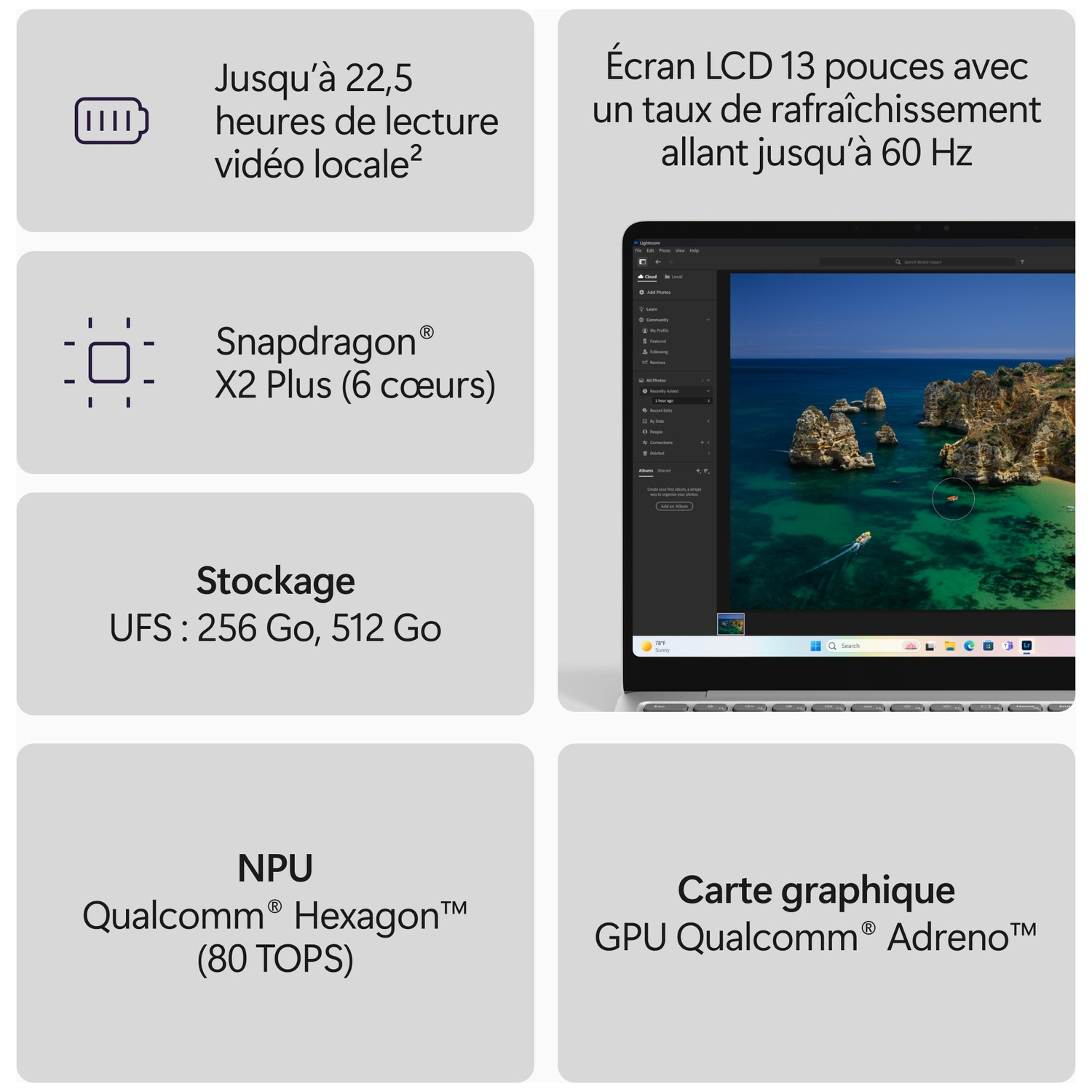 Infographie montrant les specs du portable : 22,5h de batterie, Snapdragon X2 Plus, stockage 256/512Go, NPU et GPU Adreno.