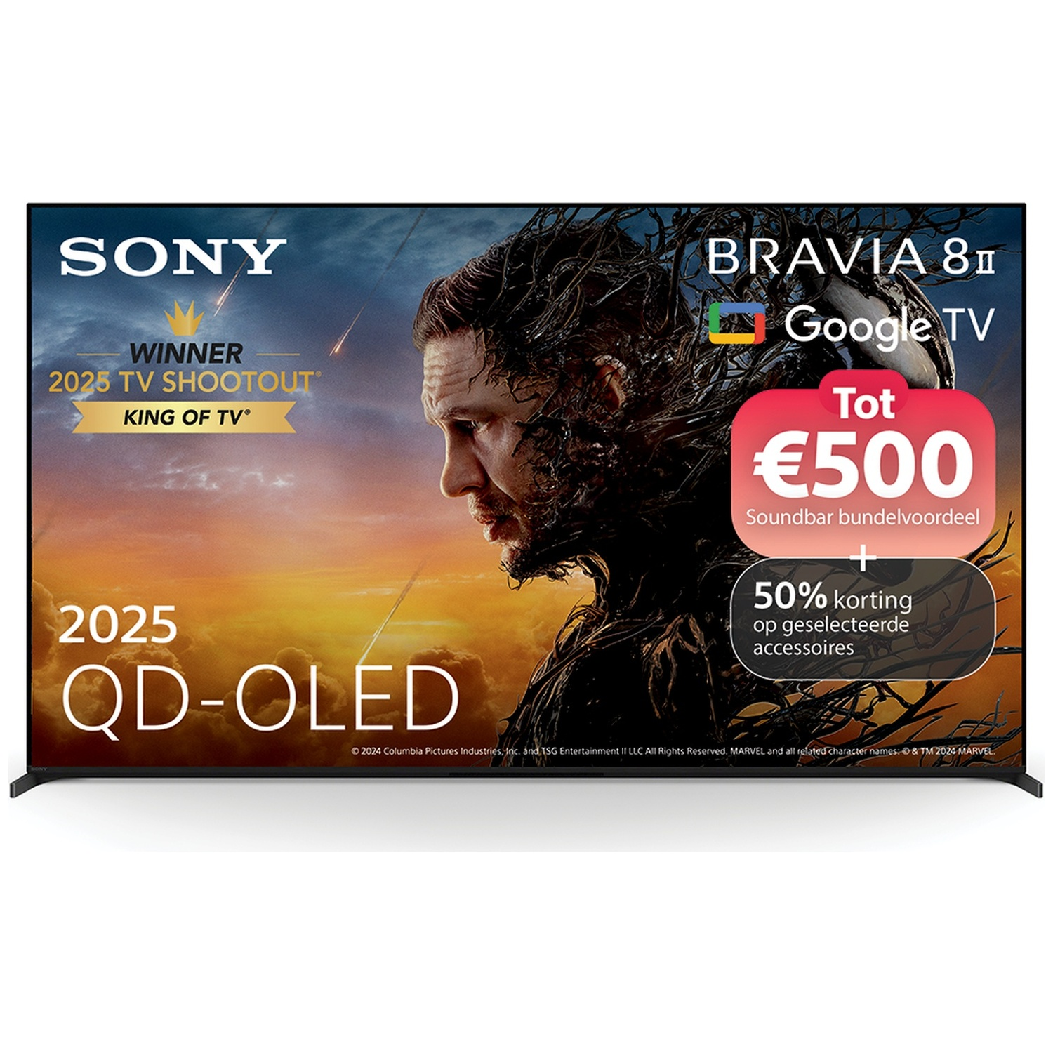 Téléviseur Sony Bravia 8II QD-OLED affichant une scène de film avec texte promotionnel.
