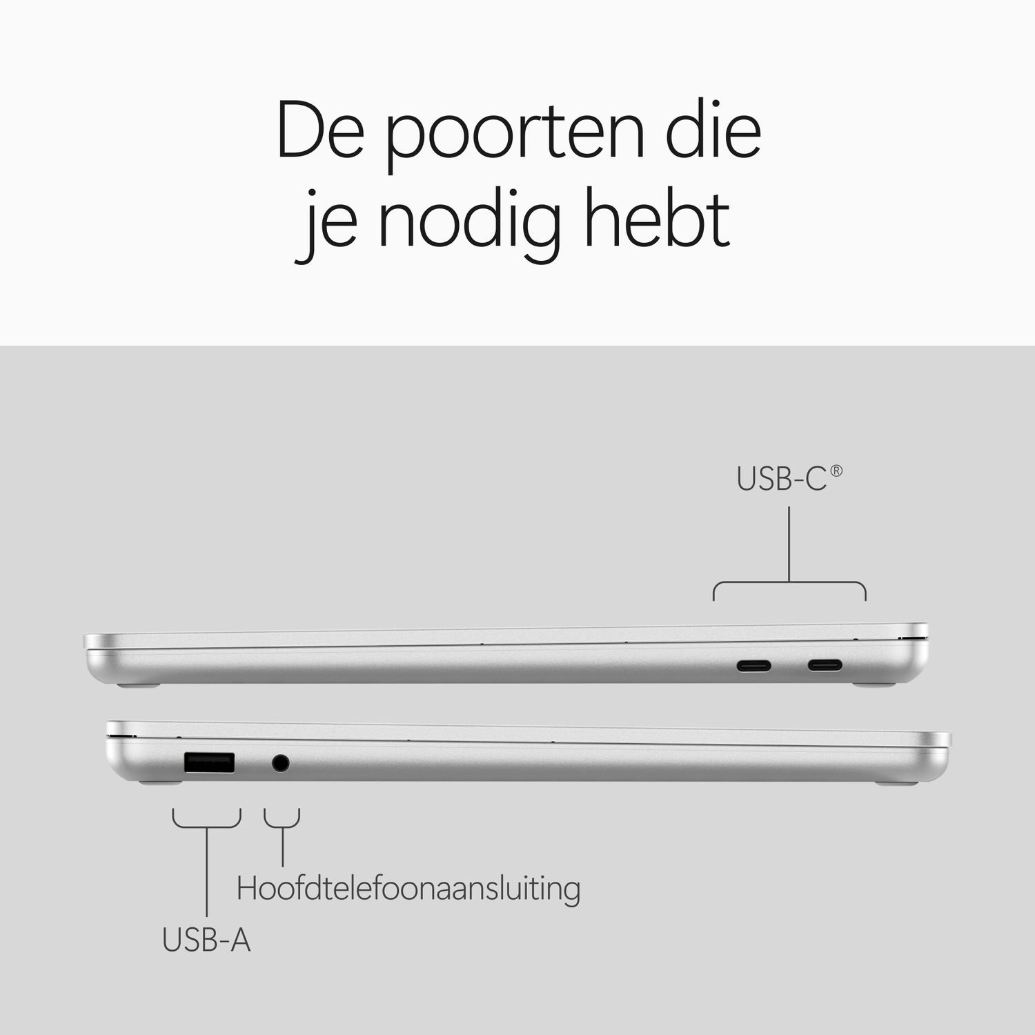 Zijaanzicht van een laptop met USB-C-, USB-A-poorten en een koptelefoonaansluiting.
