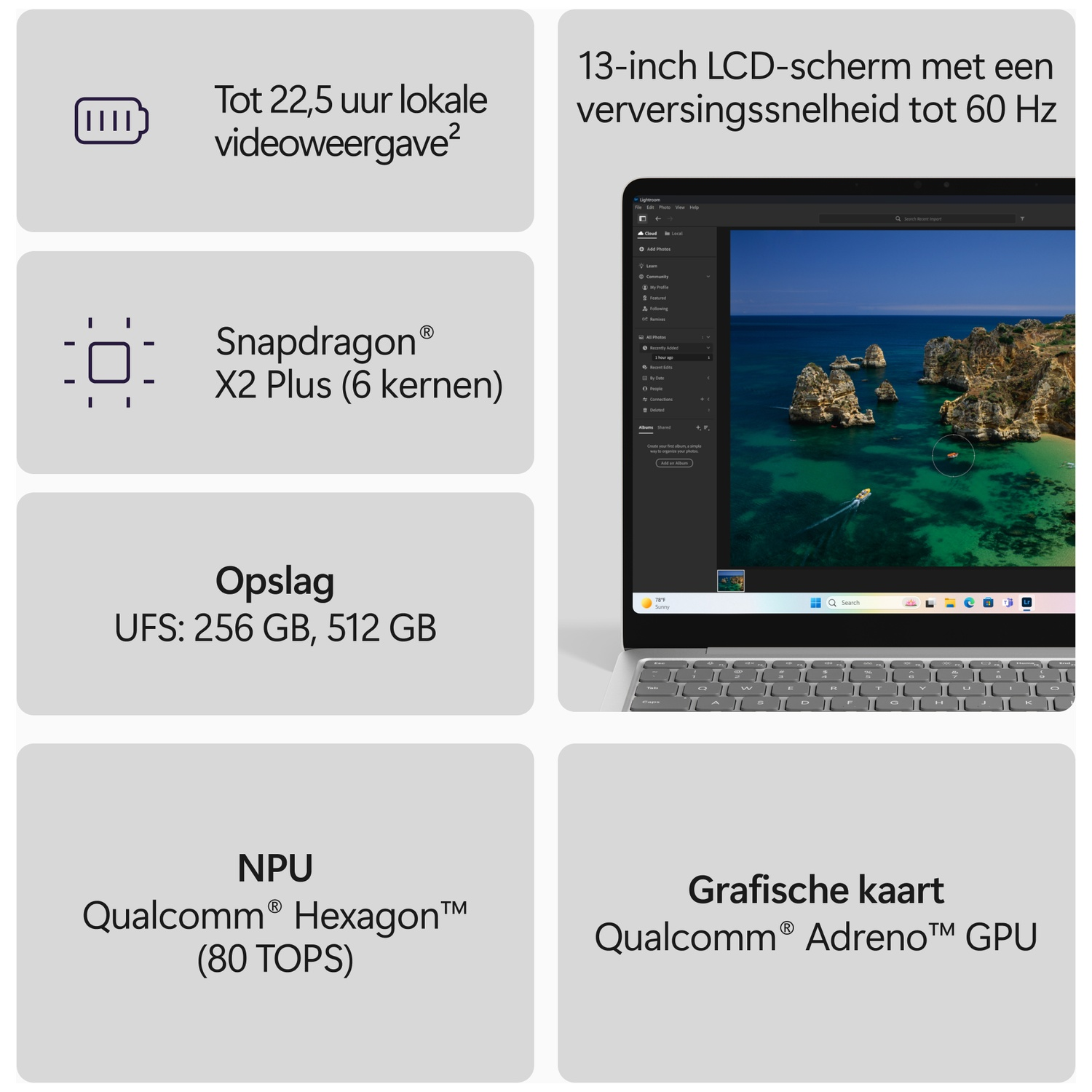 Technische specificaties van een laptop met 13-inch scherm, Snapdragon-processor en accu.