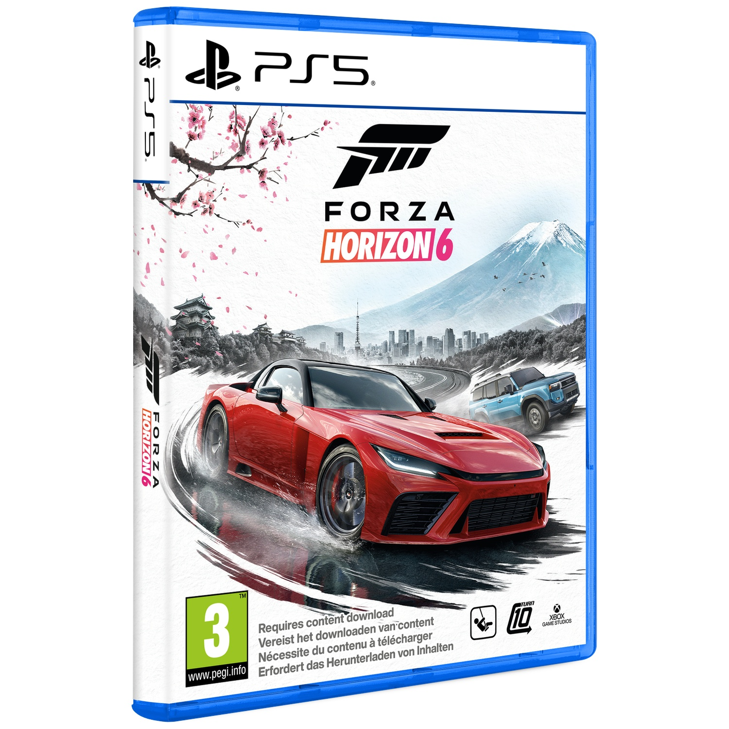 PS5-gamehoes voor Forza Horizon 6 met een rode driftende auto en Japanse berg en kersenbloesem op de achtergrond.