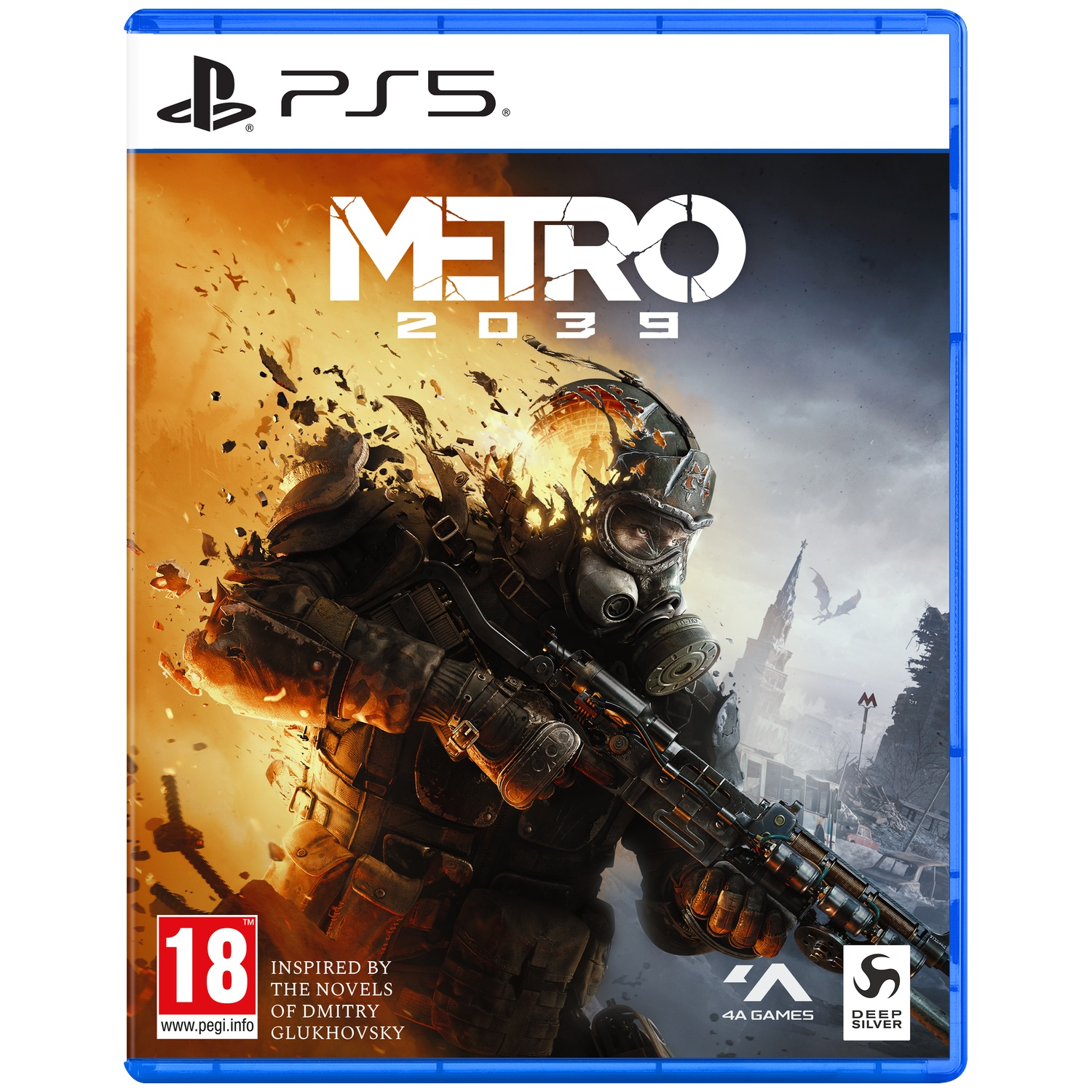 PS5-gamecase voor Metro 2039 met een soldaat in beschermende kleding die een geweer vasthoudt.