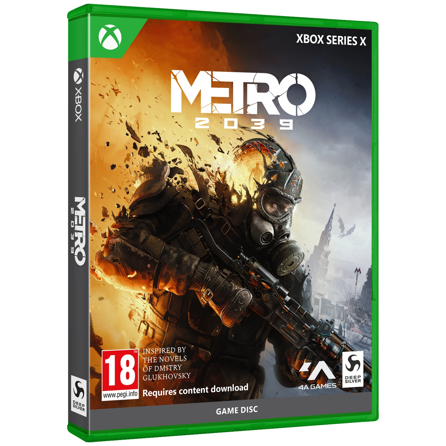 Xbox Series X hoesje voor Metro 2033, met een soldaat met gasmasker tegen een brandende stad.