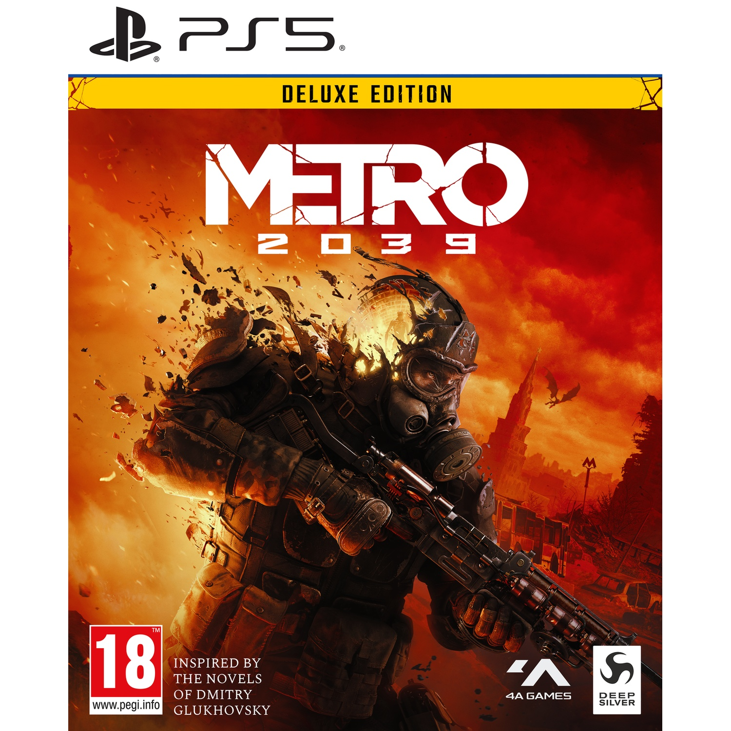 PS5-videogamehoes met een soldaat in beschermende kleding tegen een vlammende achtergrond, getiteld Metro 2039.