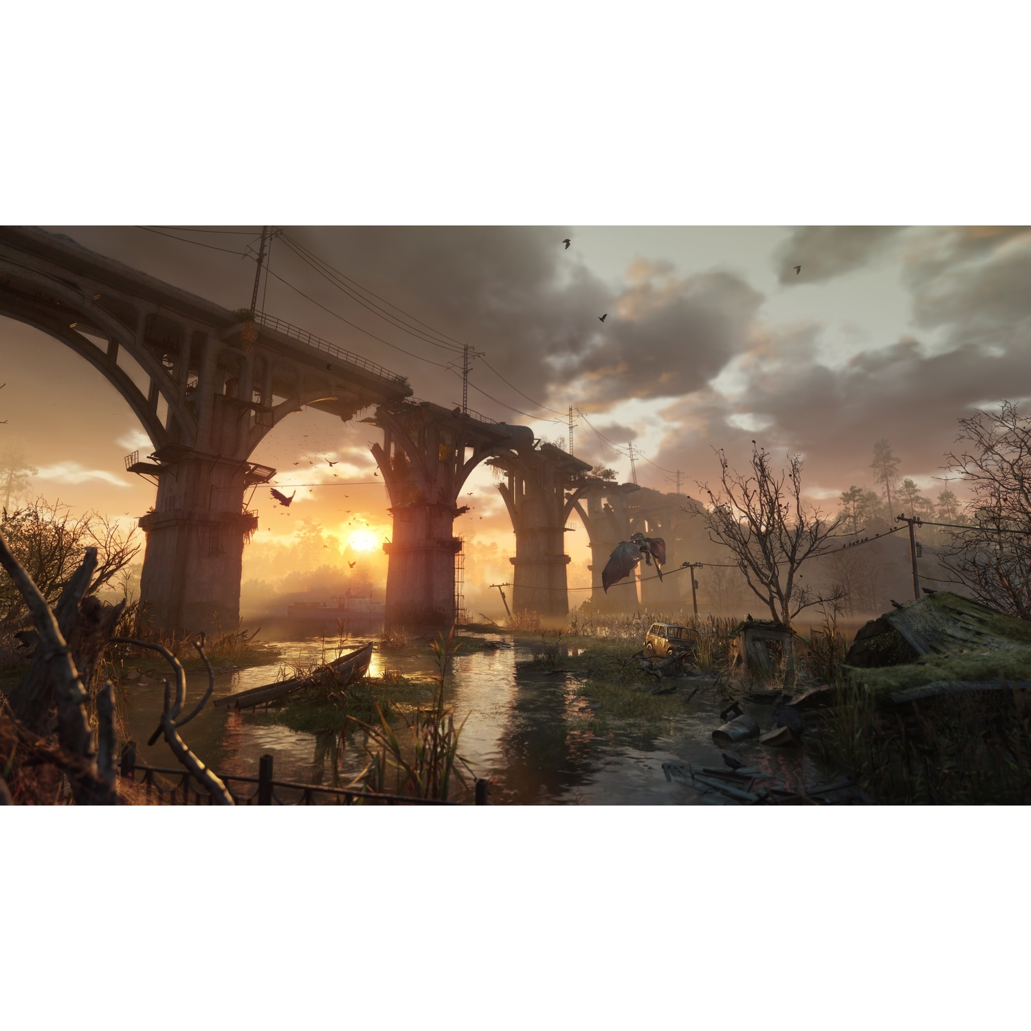 Een verwoeste betonnen brug overspant een mistig moeras bij zonsondergang, met vliegende vogels en puin op de voorgrond.