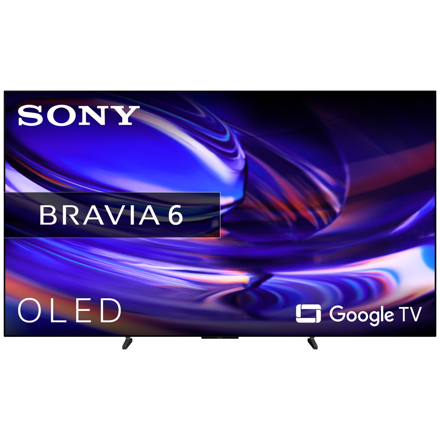 Téléviseur Sony Bravia 6 OLED affichant un fond abstrait bleu et le logo Google TV.