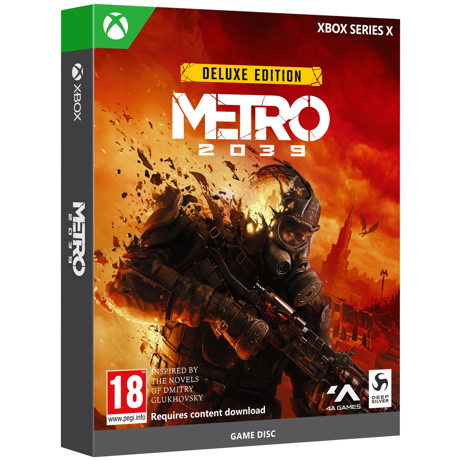 Xbox-gamehoes voor Metro 2039 Deluxe Edition met een soldaat in gasmasker tegen een rode achtergrond.