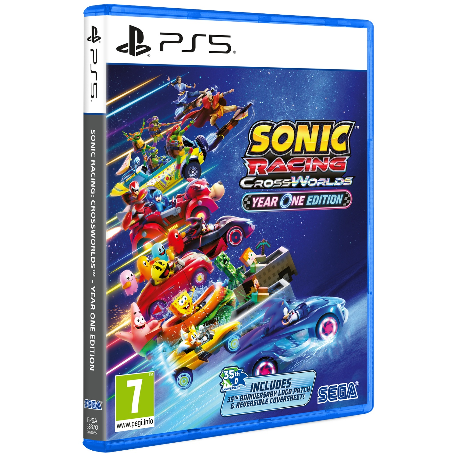 PS5 hoesje van Sonic Racing CrossWorlds Year One Edition met kleurrijke personages in racevoertuigen op blauwe achtergrond.