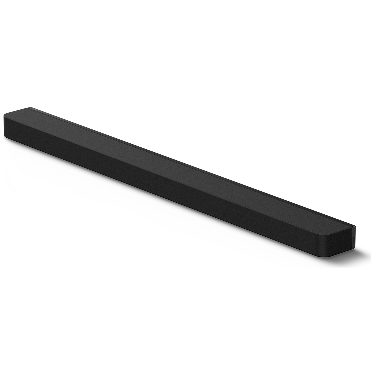 Une barre de son noire élégante disposée en diagonale sur fond blanc.