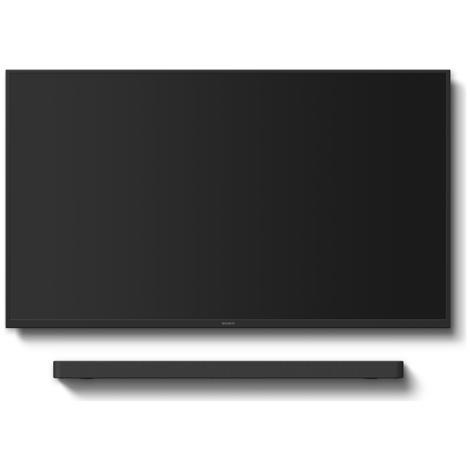 Un téléviseur noir avec une barre de son Sony en dessous, sur fond blanc.