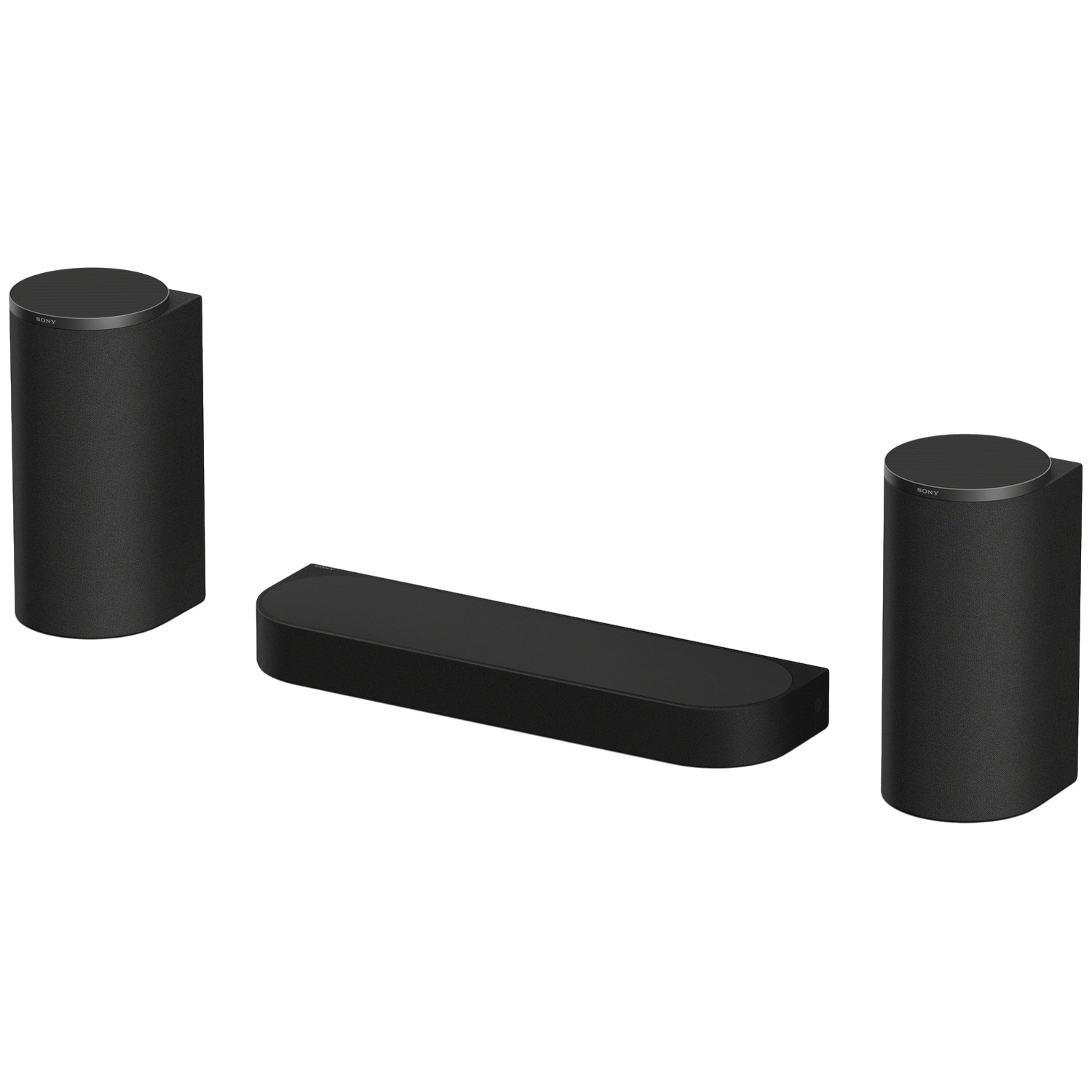 Un système home cinéma Sony noir comprenant une barre de son et deux enceintes cylindriques.