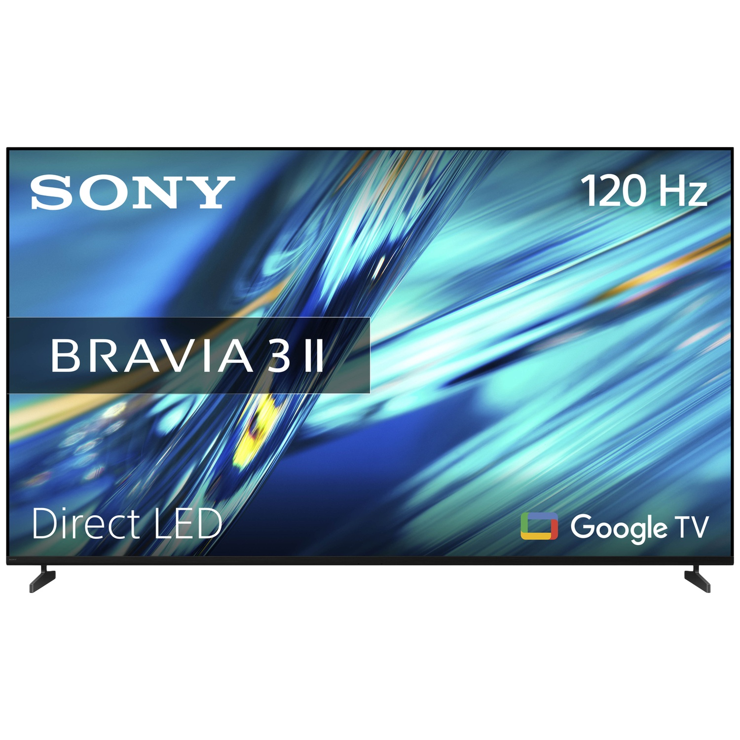 Téléviseur Sony BRAVIA 3 II affichant un art abstrait bleu, Direct LED et Google TV.
