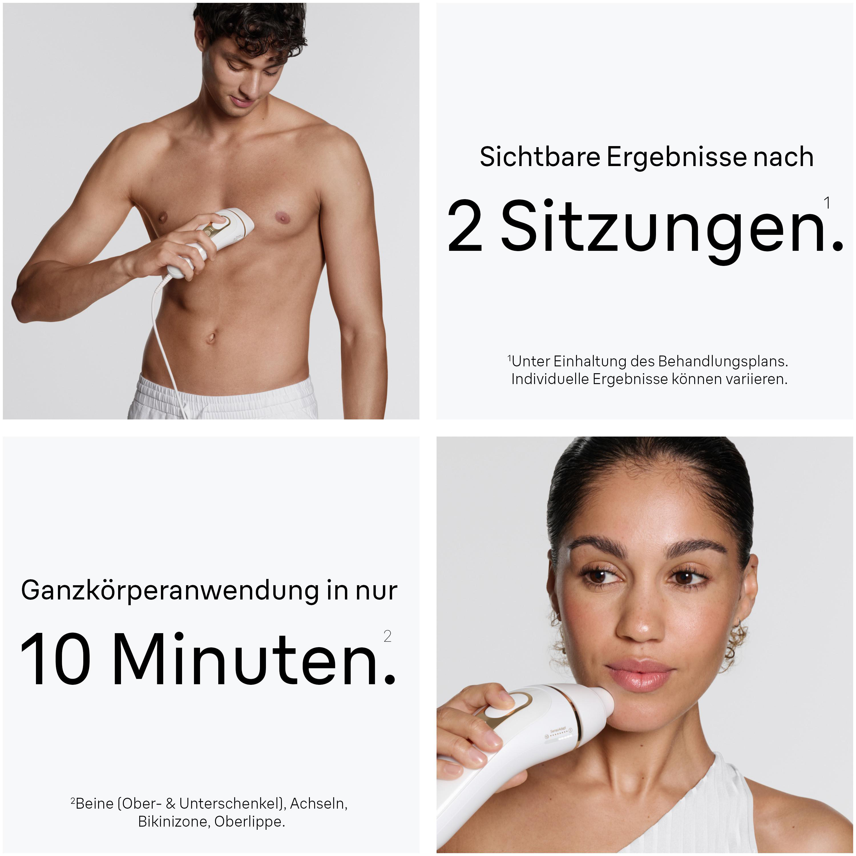 Mann und Frau benutzen ein weißes IPL-Haarentfernungsgerät; Text zeigt Ergebnisse in 2 Sitzungen und 10 Minuten.