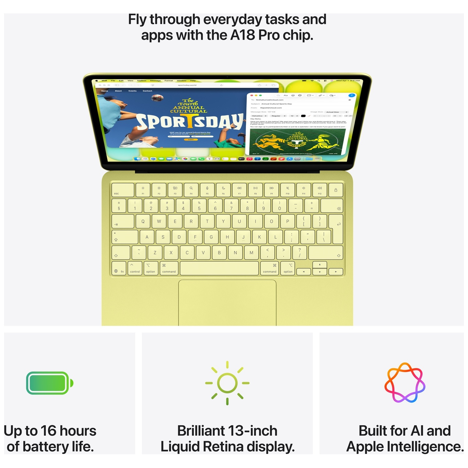 A top-down view of a yellow laptop, highlighting its display, keyboard, battery life, and AI capabilities.