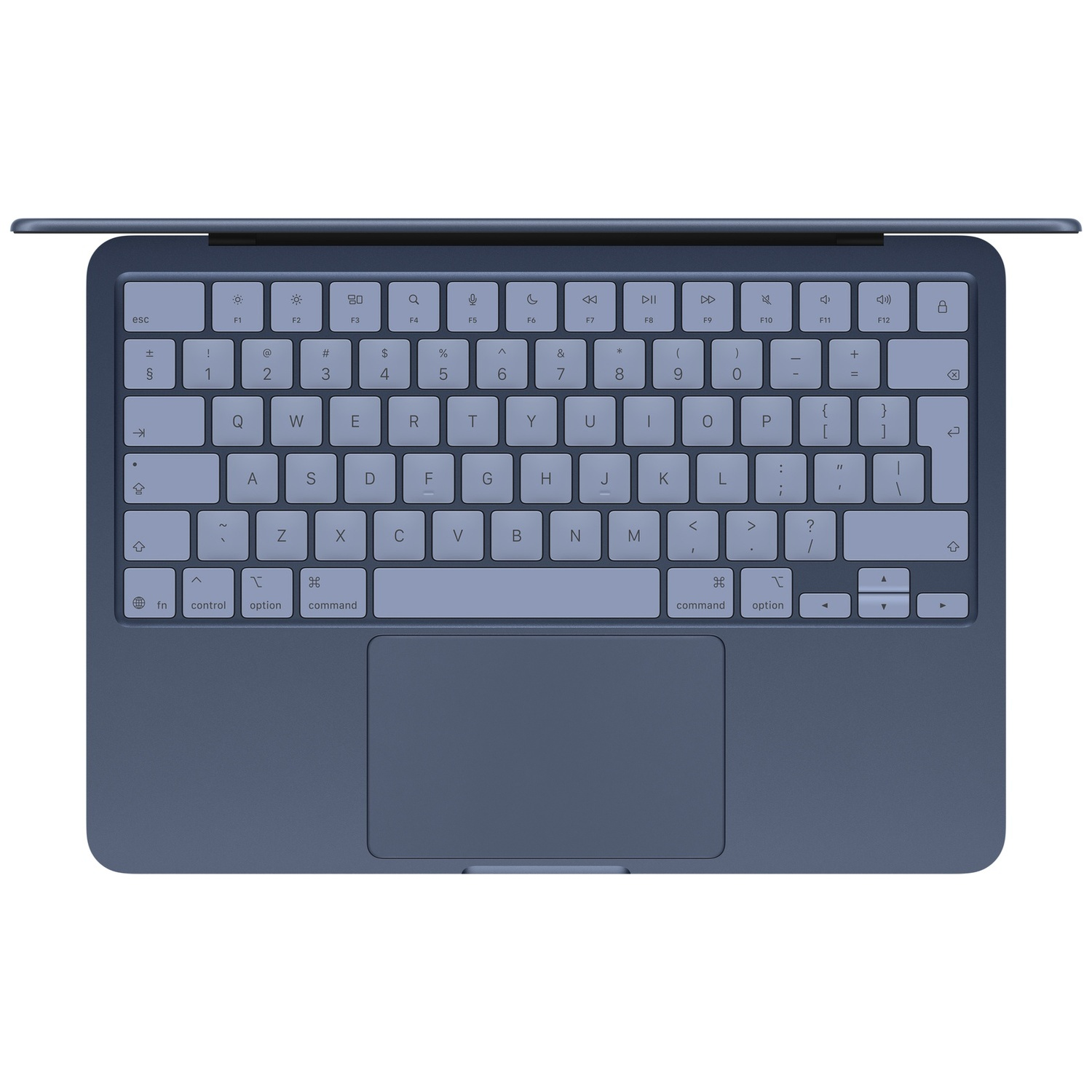 Blue laptop keyboard and trackpad viewed from above.