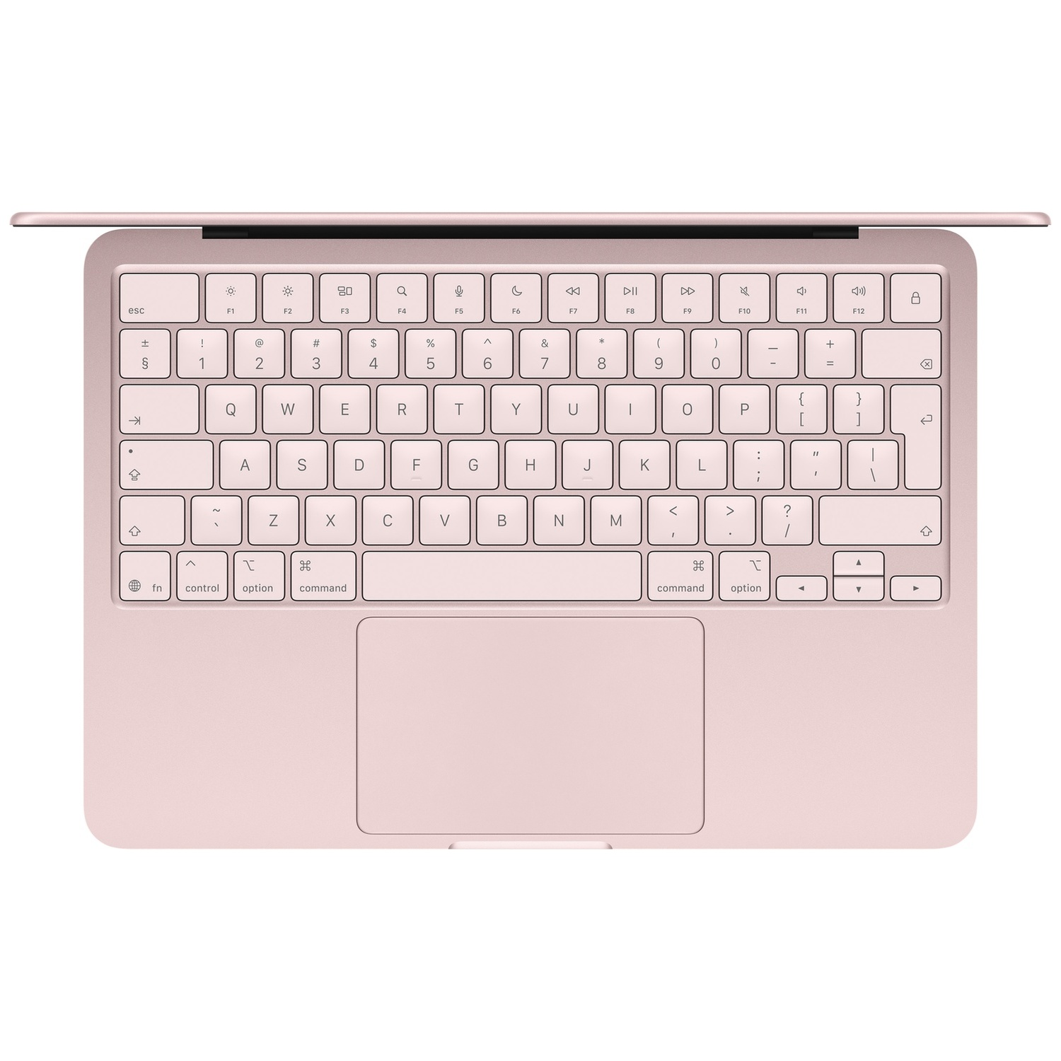 Top-down view of a light pink laptop keyboard and trackpad against a plain background.