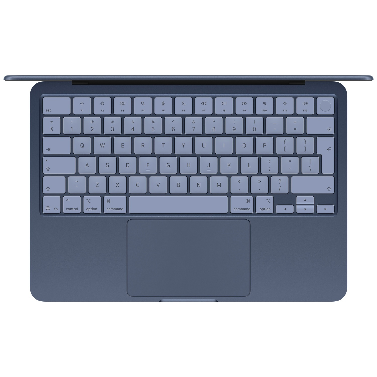 A top-down view of a dark blue laptop keyboard and trackpad against a plain background.