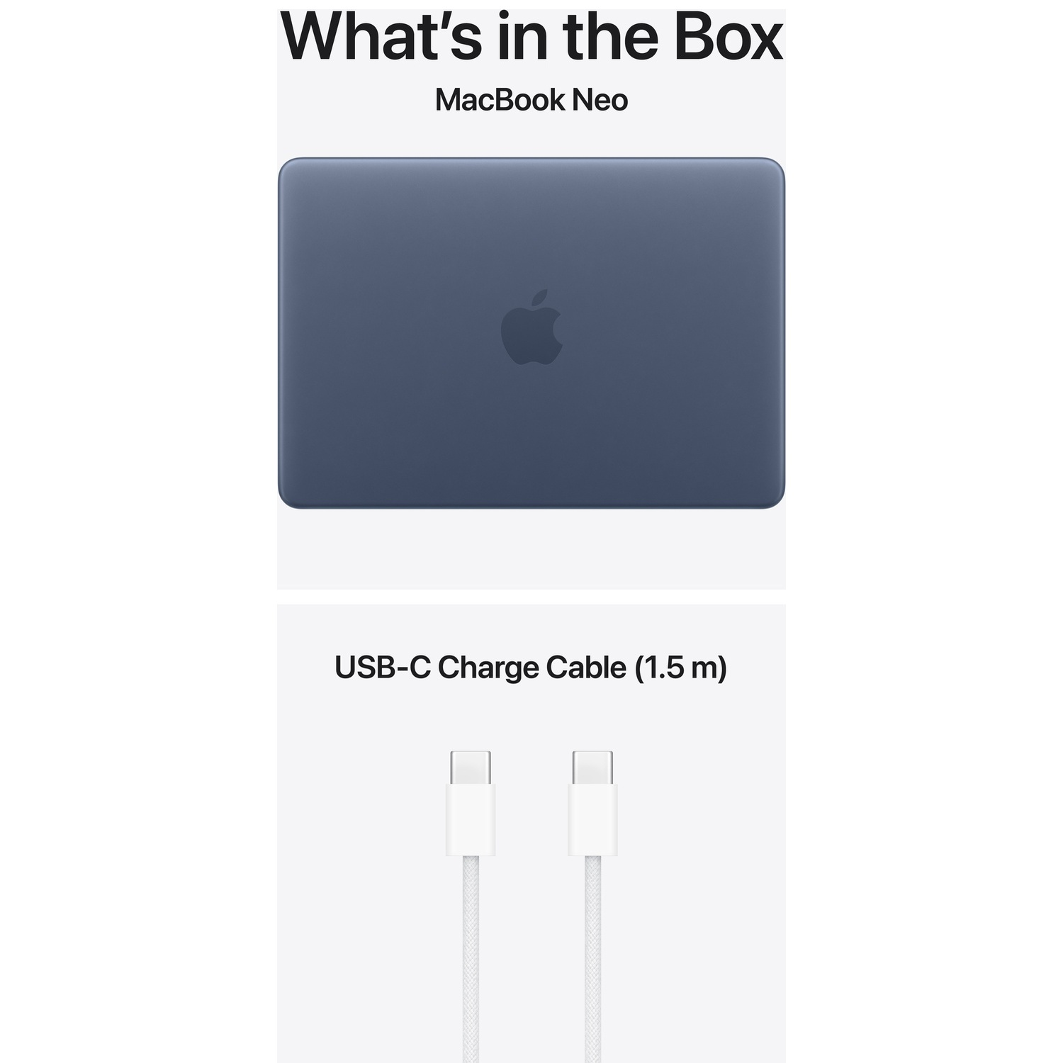 What is in the box shows a MacBook Neo and a 1.5m USB-C charge cable.