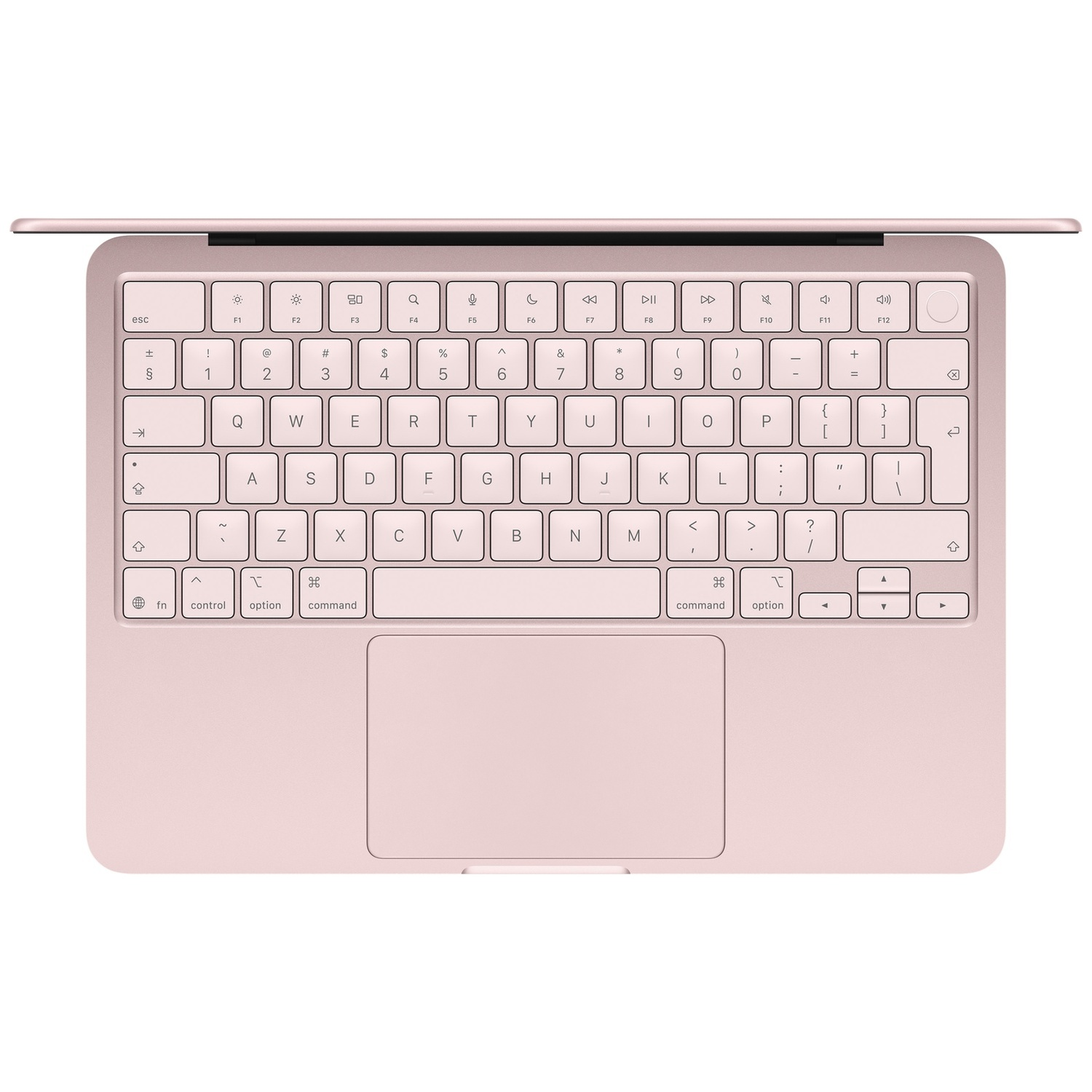 A top-down view of a pink laptop keyboard and trackpad.