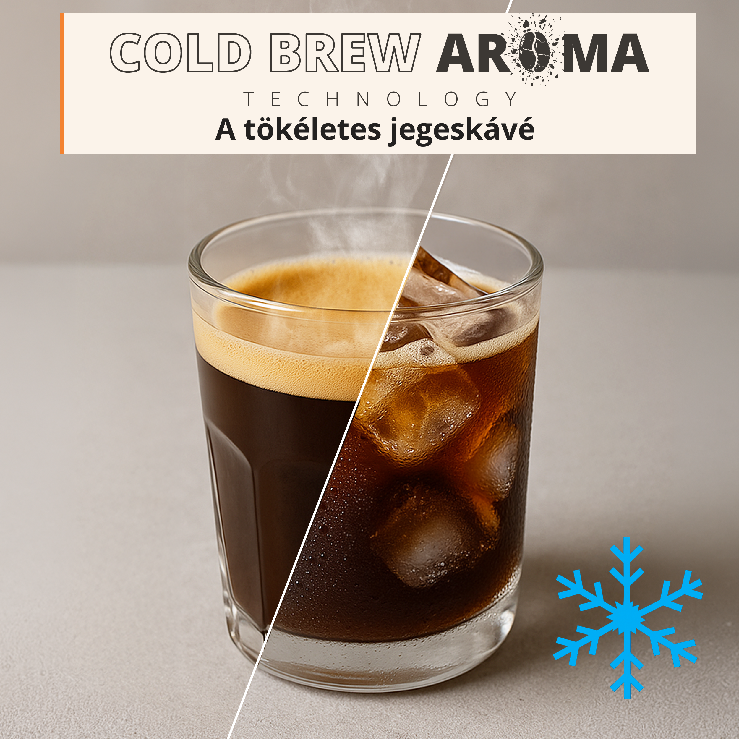 Egy pohár balra gőzölgő meleg kávét, jobbra pedig jégkockás jegeskávét mutat.