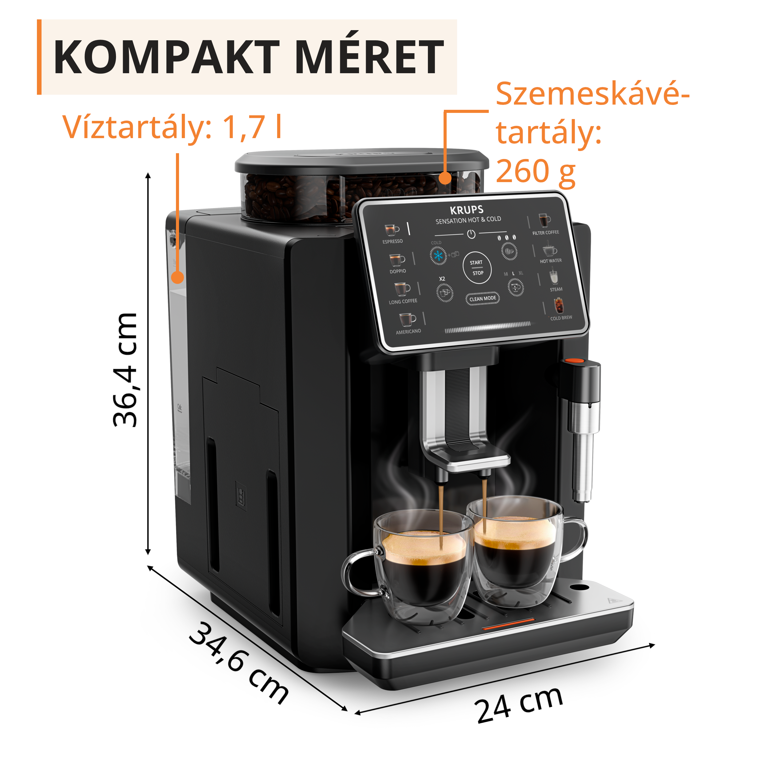 Fekete Krups kávéfőző kijelzővel, méretekkel és két csésze frissen főzött kávéval.