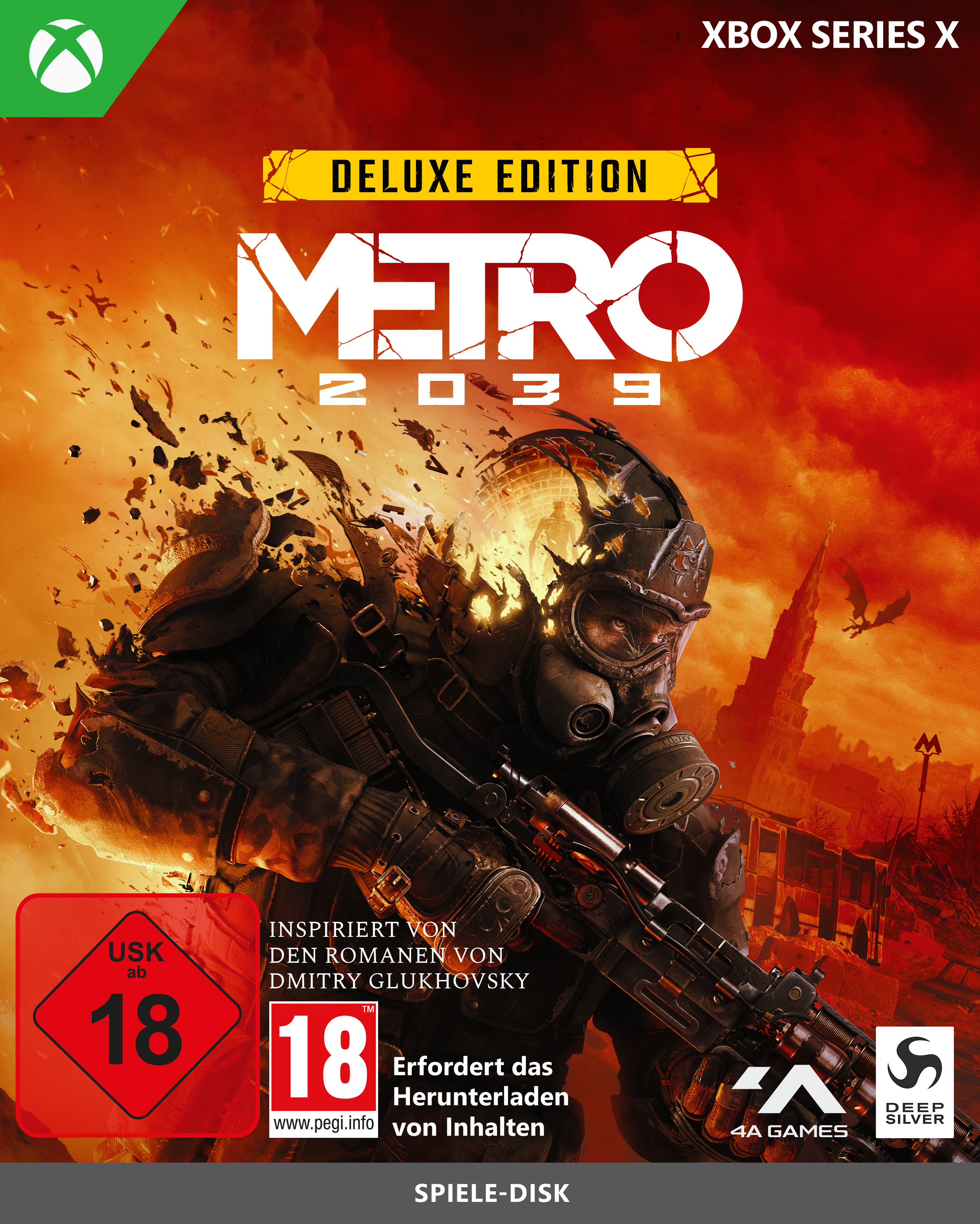 Xbox Series X Cover von Metro 2039 Deluxe Edition mit bewaffnetem Soldaten in Gasmaske vor brennender Ruinenstadt.