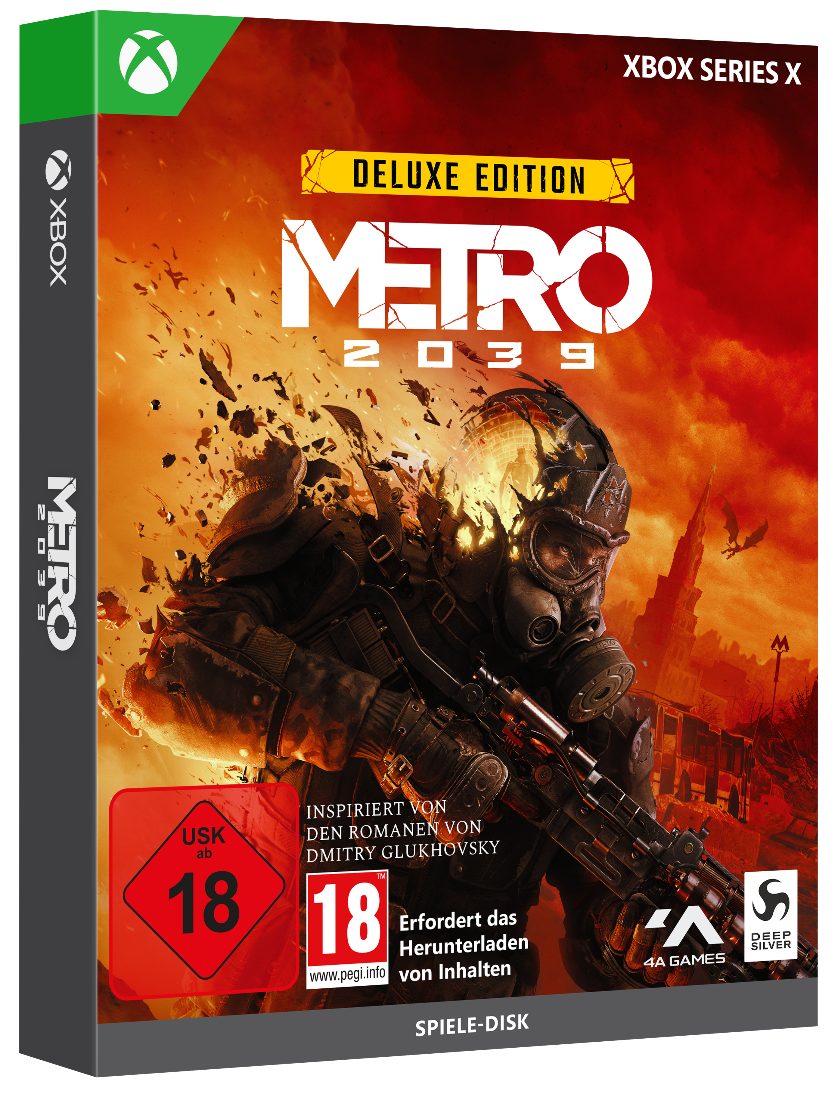 Xbox Series X-Spielhülle für Metro 2039 Deluxe Edition mit einem Soldaten in Schutzkleidung vor rotem Hintergrund.