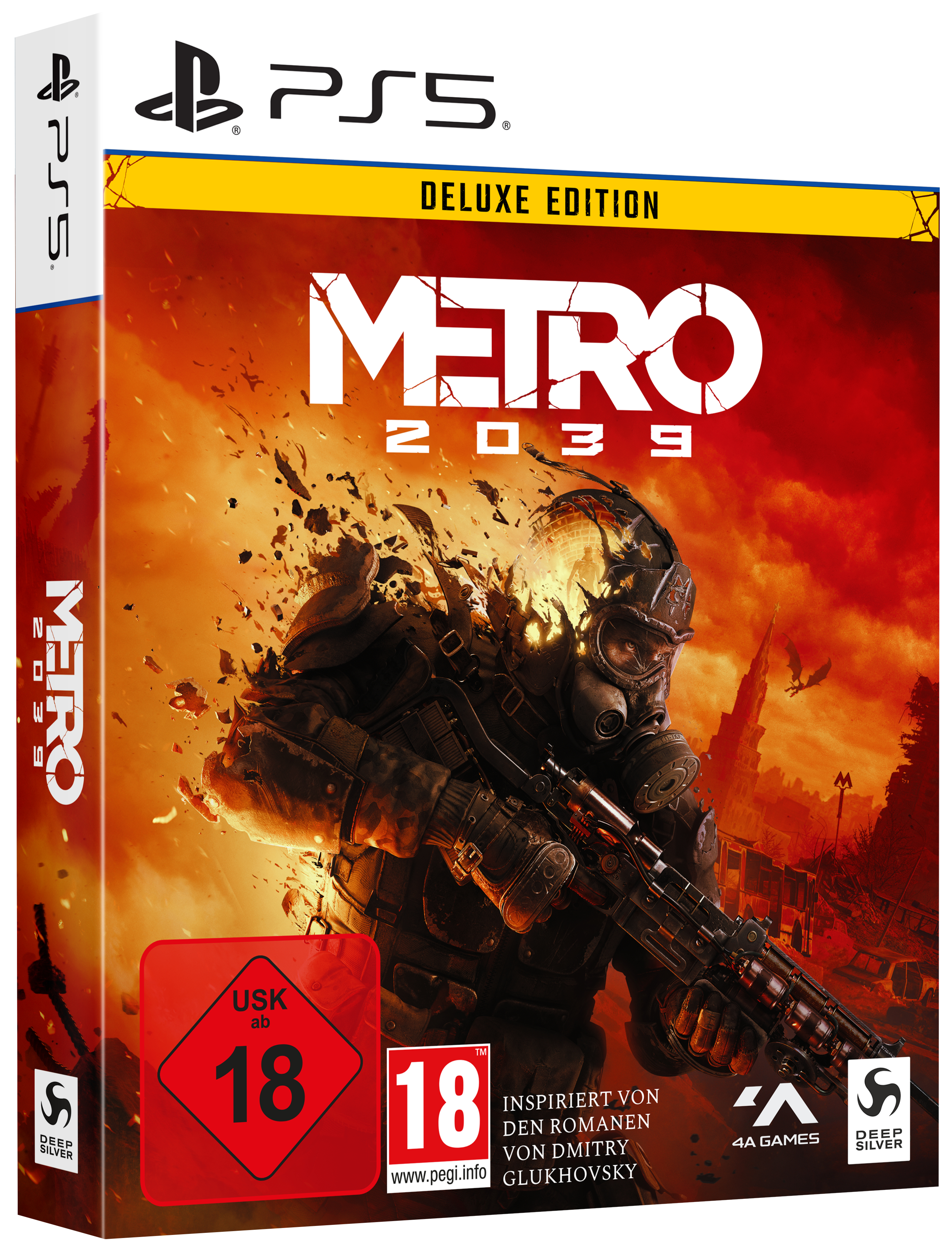 PS5-Spielhülle für Metro 2039 Deluxe Edition mit einem Soldaten in Gasmaske vor rotem Hintergrund.