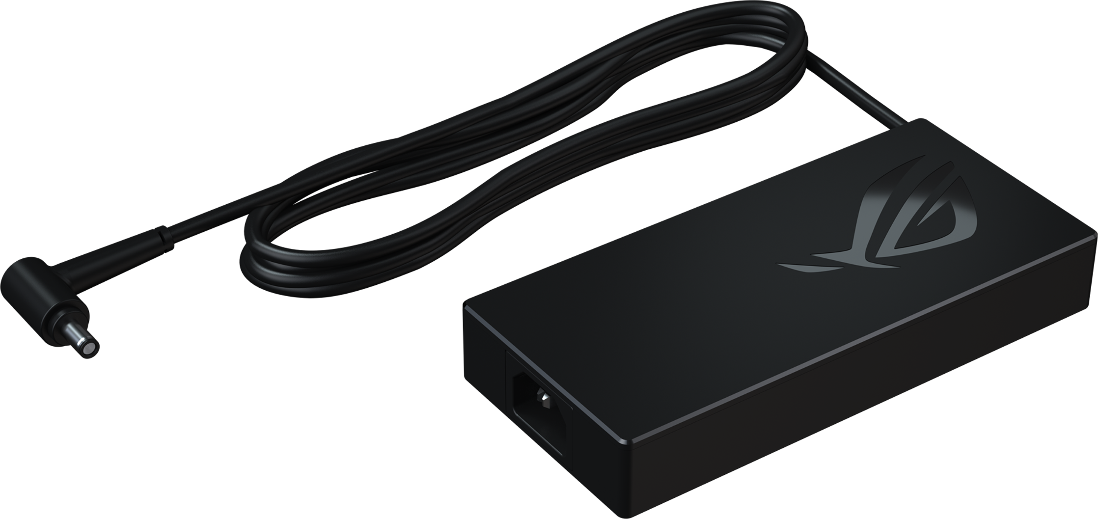 Schwarzes Laptop-Netzteil mit Kabel und Stecker auf dunklem Hintergrund.