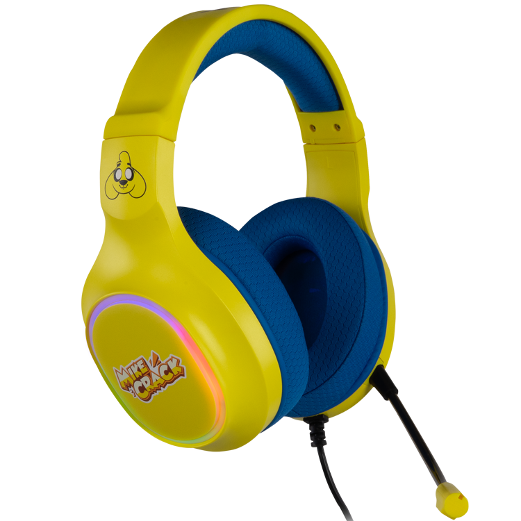 Auriculares gaming amarillos y azules con micrófono y logo de Mikecrack sobre fondo negro.