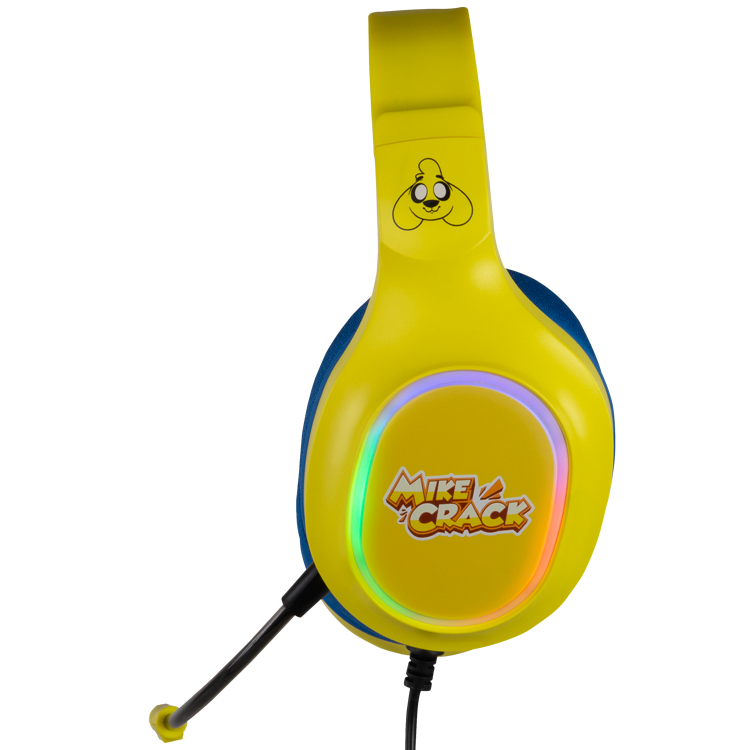 Auriculares gaming amarillos con micrófono, anillo luminoso y logotipo de Mikecrack sobre fondo negro.