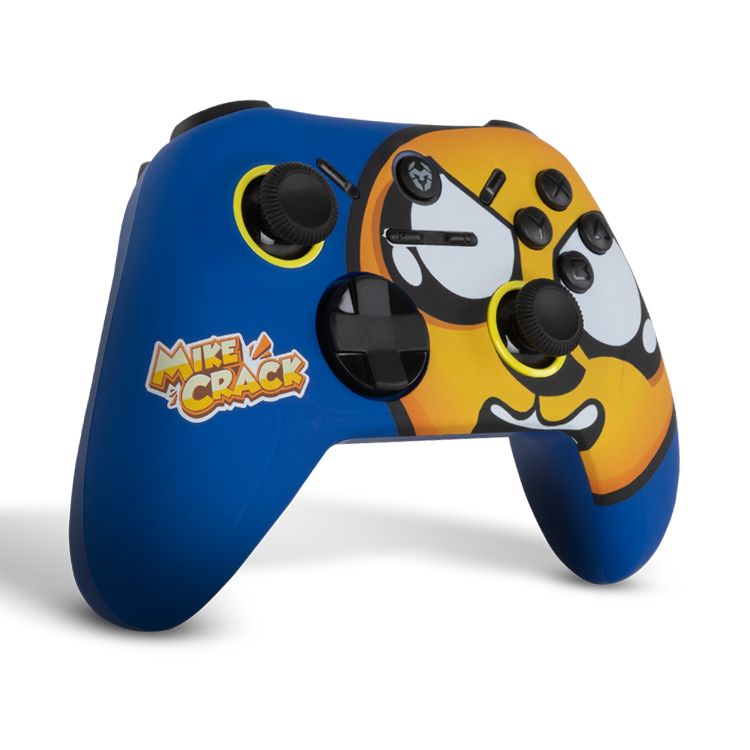 Un mando de juego azul con una cara de dibujos animados y el logo de Mikecrack sobre fondo negro.
