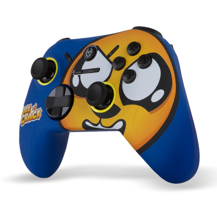Un mando de videojuegos azul con una cara de perro de dibujos animados en amarillo y negro.