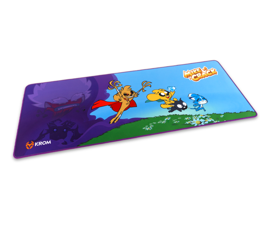 Alfombrilla Krom colorida con personajes de Mikecrack en un prado con sombras moradas.
