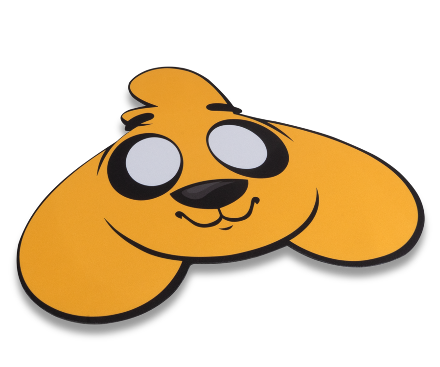 Cabeza de perro de dibujos animados amarilla sobre fondo negro.
