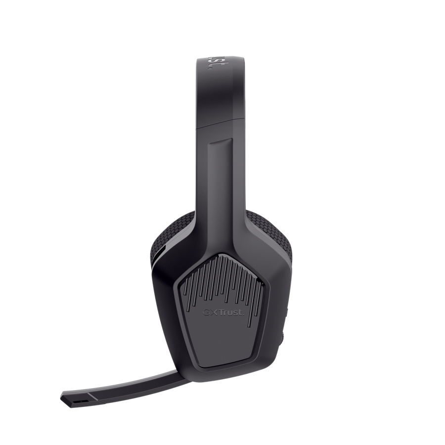 Auriculares gaming GXT negros con micrófono sobre fondo negro.