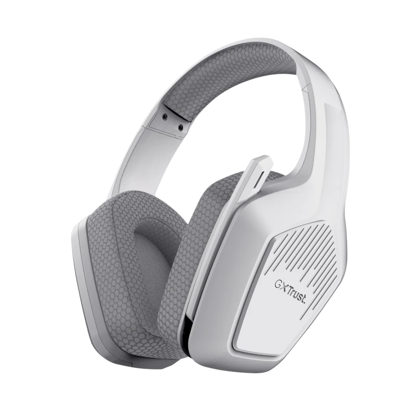 Auriculares gaming supraurales blancos con tela gris y micrófono integrado sobre fondo negro.