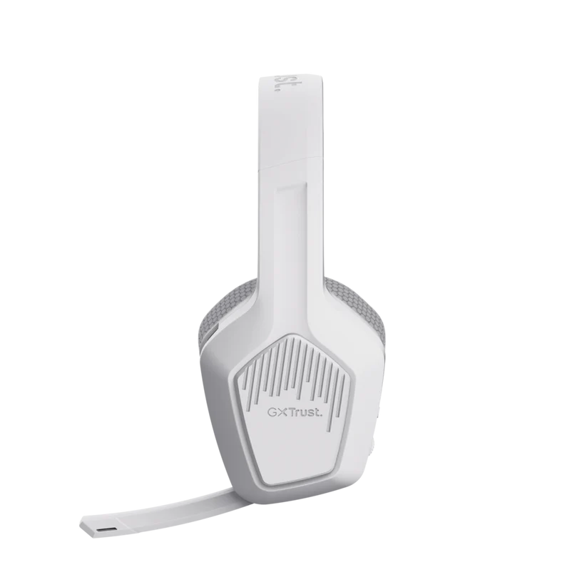 Unos auriculares gaming blancos con micrófono acoplado sobre fondo negro.